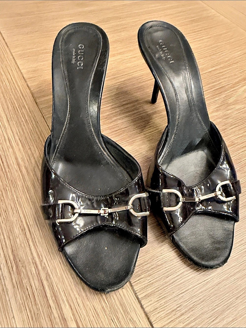 Gucci Patent Buckle Mule Heels Black US 8.5
